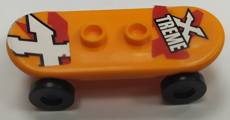 Lego Minifigure, Utensil Skateboard Deck with White 'X TREME' and Letter X Pattern (Stickers) with Black Wheels (42511pb11 / 2496) - Set 60023