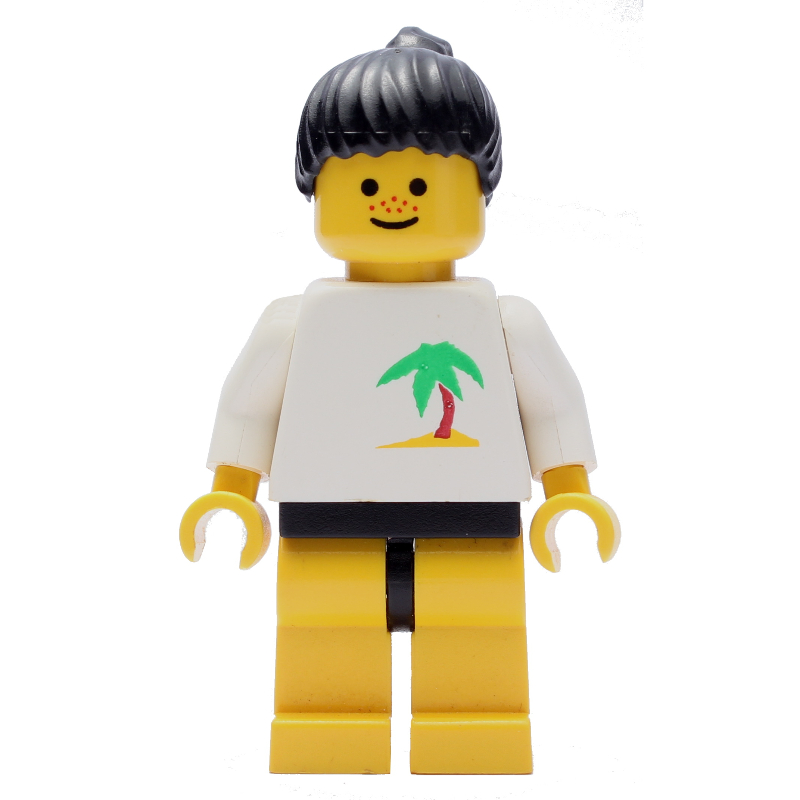 Lego Woman, White Top with Desert Island, Yellow Legs, Black Hair