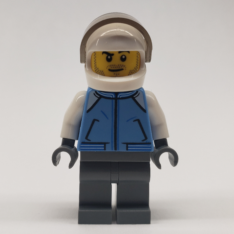 Lego Pilot, Medium Blue Jacket, Dark Bluish Gray Legs, White Helmet with Visor, Stubble