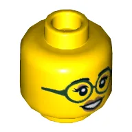 Minifig Head, Eyebrows, Dark Green Glasses, Medium Nougat Lips, Closed Smile / Open Smile Print / Yellow