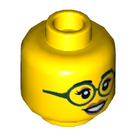 Lego Minifig Head, Eyebrows, Dark Green Glasses, Medium Nougat Lips, Closed Smile / Open Smile Print / Yellow