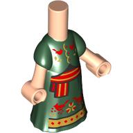 Lego Microdoll Body Long Dress Dark Green with Red/Gold Sash, Birds print / Light Nougat