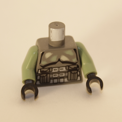 Lego Torso Armor Pouches, White and Sand Green Patches Print (Kashyyyk Trooper), Sand Green Arms, Black Hands / Dark Bluish Gray