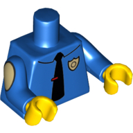 Lego Torso Shirt with Silver Police Badge and Black Necktie Print, Blue Arms with Light Yellow Ovals Print, Yellow Hands / Blue