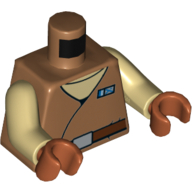 Lego Torso Robe with Blue Name Badge over Tan Undershirt, Reddish Brown Belt with Buckle Print, Tan Arms, Dark Orange Hands / Medium Nougat