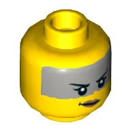Minifig Head Mo-Hawk / Sharkira, Female, Light Bluish Grey Band On Forehead, Crooked Smile Print [Hollow Stud] / Yellow