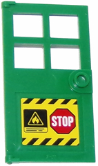Lego Door 1 x 4 x 6 with 4 Panes and Stud Handle with 'STOP' Sign, Fire Danger Triangle and Black and Yellow Danger Stripes Pattern (Sticker) - Set 60112