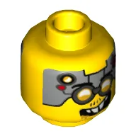 Minifig Head Drillex, Glasses with Silver Goggles, Metal Plates with Circuitry on Forehead, Smiling / Angry Print / Yellow