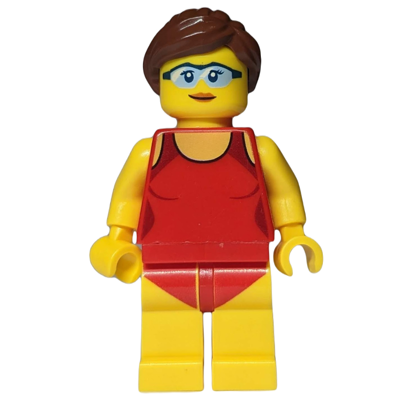 Lego Woman, Red Swimsuit, Reddish Brown Hair, Safety Glasses