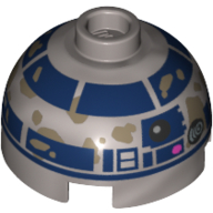 Lego Brick Round 2 x 2 Dome Top, Hollow Stud with R2-D2 with Mudstains Print / Flat Silver