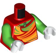 Lego Torso, Ski Suit, Bright Green, Yellow, Bright Light Orange Shapes, Zipper print, Bright Green Arms, White Hands / Red
