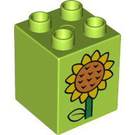 Lego Duplo Brick 2 x 2 x 2 with Stem, Leaf and Orange and Yellow Sunflower on Both Sides Print / Lime