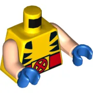 Torso, Bodysuit, Black Animal Stripes and Red Belt with Red 'X' on Yellow Buckle Print (Wolverine), Light Nougat Arms, Blue Hands / Yellow