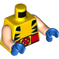 Lego Torso Bodysuit, Black Animal Stripes and Red Belt with Red 'X' on Yellow Buckle Print (Wolverine), Light Nougat Arms, Blue Hands / Yellow