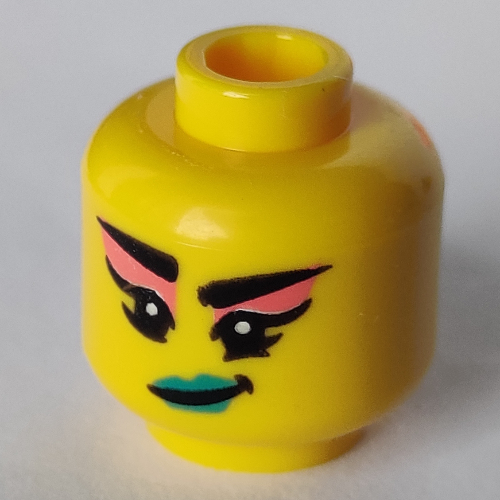 Lego Minifig Head Mermaid Violinist, Dark Turquoise Lips, Coral Eye Shadow, Smirk print / Yellow