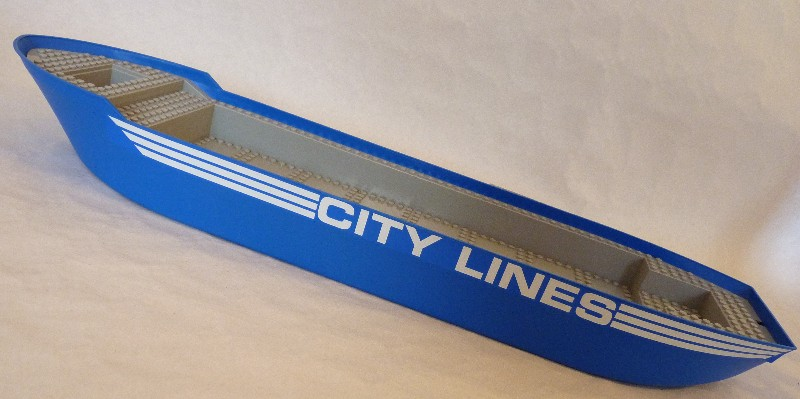 Lego Boat, Hull Unitary 74 x 18 x 7 with Light Bluish Gray Top with White Stripes and 'CITY LINES' Pattern on Both Sides (Stickers) - set 7994