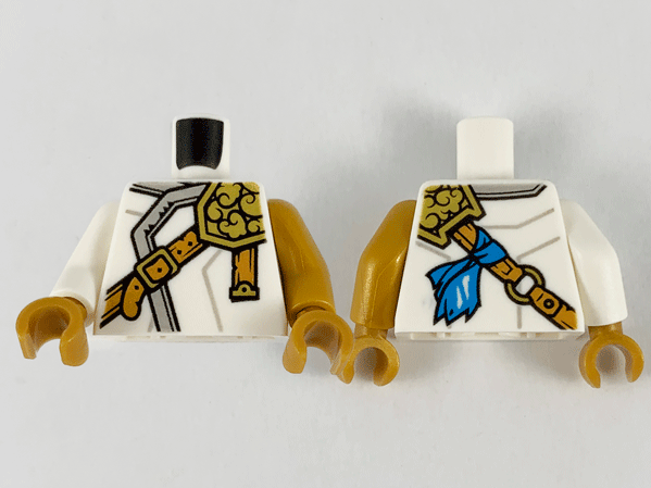 Lego Torso Ninjago Robe with Light Bluish Gray Hem, Gold Left Pauldron and Nougat Crossbelt Pattern / Pearl Gold Arm Left / White Arm Right / Pearl Gold Hands