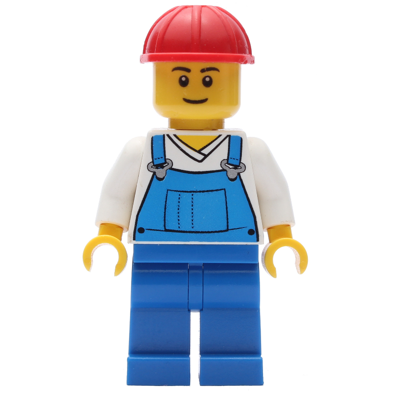 Lego Blue Overalls and White V-Necked Shirt, Red Hard Hat