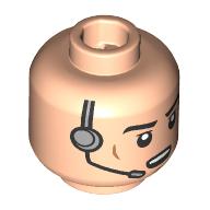 Lego Minifig Head Imperial Crew, Black Eyebrows, Stern, Open Mouth, Headset / Light Nougat