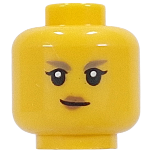 Lego Minifig Head Mira, Dark Tan Eyebrows, Peach Lips, Frowned Smile / Angry Scowl / Yellow