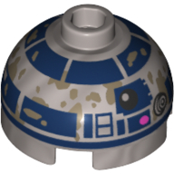 Lego Brick Round 2 x 2 Dome Top, Hollow Stud with R2-D2 and Mud Stains print / Flat Silver