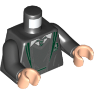 Lego Torso Robe with Dark Green Trim and Slytherin Crest, Open over V-Necked Sweater, White Shirt, and Dark Green Striped Tie Print, Black Arms, Light Nougat Hands / Black