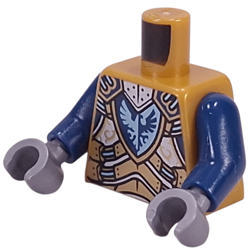 Lego Torso Armor, Gold and Silver Plates, Dark Blue and Light Blue Falcon on Shield print, Dark Blue Arms, Dark Bluish Gray Hands / Pearl Gold