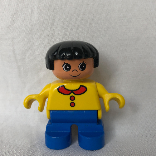 Lego Duplo Figure, Early Child, with Straight Hair Black, Blue Legs, Yellow Top with Collar and 2 Buttons Print / Yellow