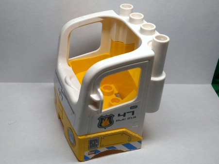 Lego Duplo Cabin Truck Semi-Tractor Cab with Yellow Base with '47', Fire Logo, Blue and White Stripes and Headlights Pattern (Stickers) - Set 7844