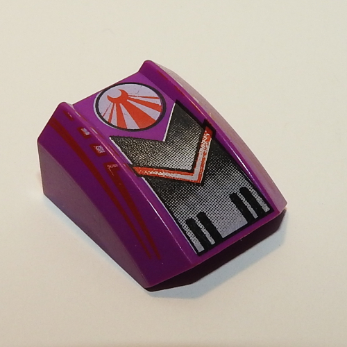 Lego Brick Curved 2 x 2 with Lip, No Studs with Red Chevron and Black Fade Print (Warrior) - Set 4569 / Purple