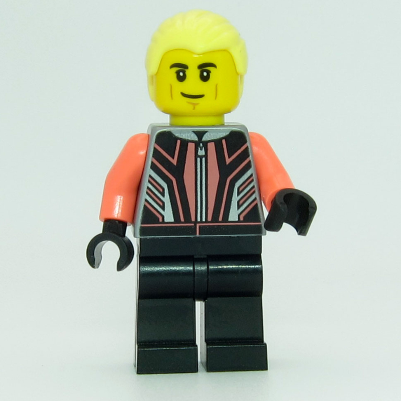 Lego Race Driver - Flat Silver Torso, Coral Arms, Black Legs, Bright Light Yellow Hair
