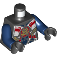 Lego Torso Armor, White and Dark Blue Panels, Gold Samurai X Logo, Gold and Red Trim Print, Dark Blue Arms, Black Hands / Black