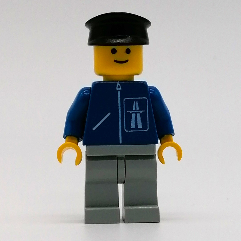 Lego Man, Blue Jacket with Highway Logo, Light Gray Legs, Black Hat
