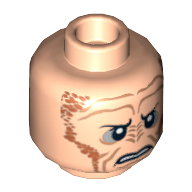 Lego Minifig Head Saesee Tiin, Small Eyes with Pupils, Orange Dots on Sides, Angry Print / Light Nougat