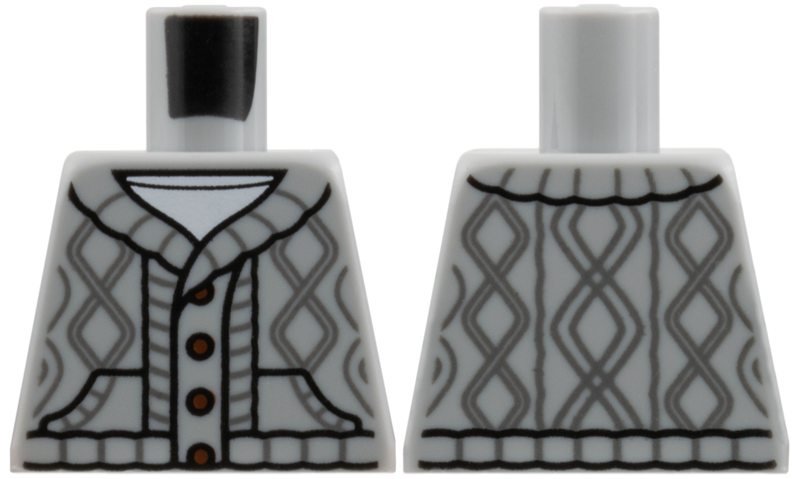 Lego Torso Knit Cable Cardigan Sweater with Dark Bluish Gray Lines, Dark Brown Buttons, and Pockets over White Shirt Pattern