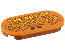 Tile, Round 2 x 4 Oval with Bright Light Orange 'THE ART OF CHOCOLATE', Reddish Brown Filigree, Dark Brown Cocoa Beans Pattern (Sticker) - Set 910039