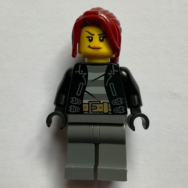 Lego Criminal, Woman, Open Black Jacket over Prison Shirt, Dark Red Hair