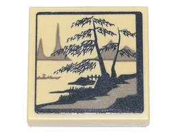 Tile, Modified 2 x 2 Inverted with Ink Wash Painting of Trees, Bridge and Boat Pattern (Sticker) - Set 71741