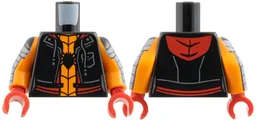 Torso Hoodie Vest with Pocket and Drawstrings, Red Trim and Hood, Orange Shirt, Black Spider and Webbing Pattern / Orange Arms with Dark Bluish Gray Armor and Black Webbing Pattern / Red Hands