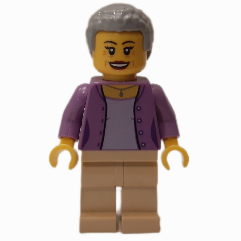 Lego Woman, Lavender Top, Tan Legs, Light Bluish Gray Hair