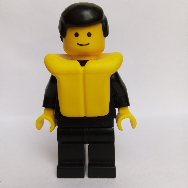 Lego Policeman, Black Suit with Badge, Black Hair, Yellow Life Vest