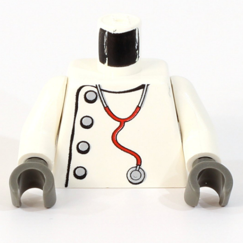 Lego Torso Lab Coat, Gray Buttons, Stethoscope Print (Mad Scientist), White Arms, Dark Gray Hands / White