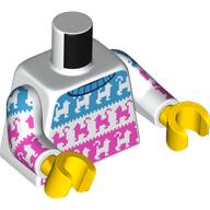 Lego Torso Sweater, Dark Azure and Dark Pink Stripes, Cats print, White Arms, Yellow Hands / White