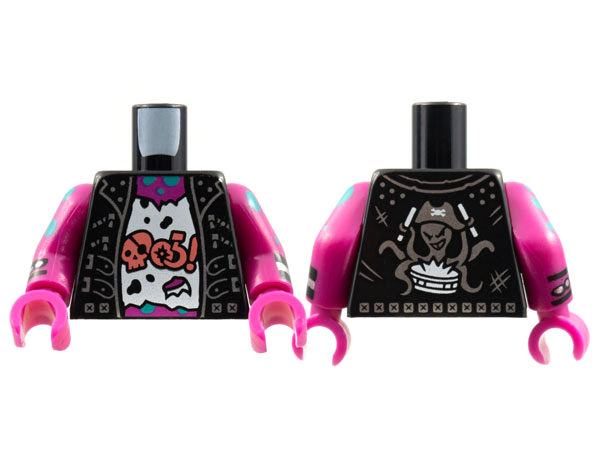 Lego Torso Vest with Silver Trim, Tattered White Shirt, Squid on Back Pattern / Magenta Arms with Cuffs and Dark Turquoise Spots Pattern / Magenta Hands