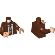 Lego Torso Jacket, Open over Shirt with Reddish Brown and White Tie with Bright Light Orange Tag Print, Reddish Brown Arms, Light Nougat Hands / Reddish Brown