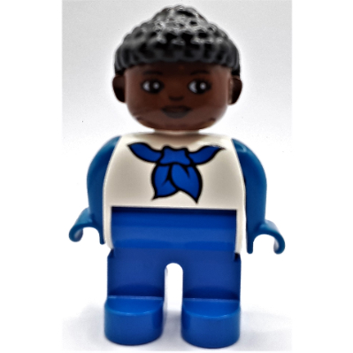 Lego Duplo Figure, Early, Curly Hair with Bun Black, Blue Legs, Blue Arms and Neckerchief Print / White