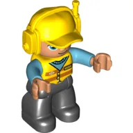 Duplo Figure with Headset and Cap Yellow, with Medium Azure Arms, Yellow Vest with Orange Stripes, and Black Legs / Yellow
