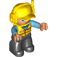 Lego Duplo Figure with Headset and Cap Yellow, with Medium Azure Arms, Yellow Vest with Orange Stripes, and Black Legs / Yellow