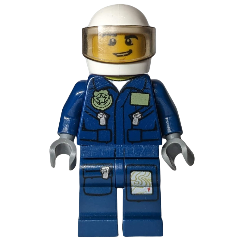 Lego Policeman, Dark Blue Jacket with Pockets and Badge, White Helmet with Visor, Open Mouth