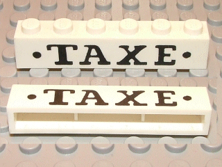 Lego Brick 1 x 6 without Bottom Tubes with Cross Side Supports with Black 'TAXE' Serif Bold Large and Dots Pattern